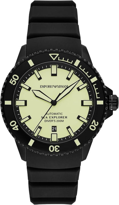 Emporio Armani Sea Explorer automatic watch with cream dial, black bezel, and black silicone strap