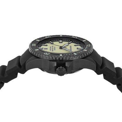 Emporio Armani Sea Explorer automatic watch worn on wrist with black silicone strap
