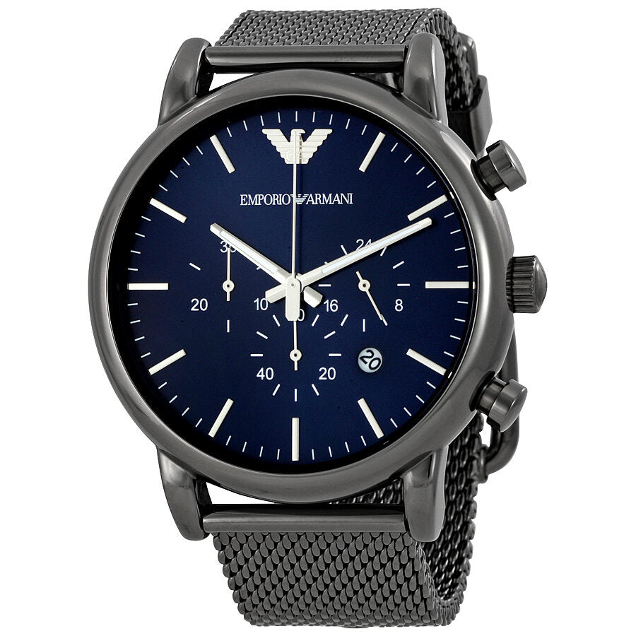Emporio Armani Sport chronograph watch with blue dial and dark mesh strap