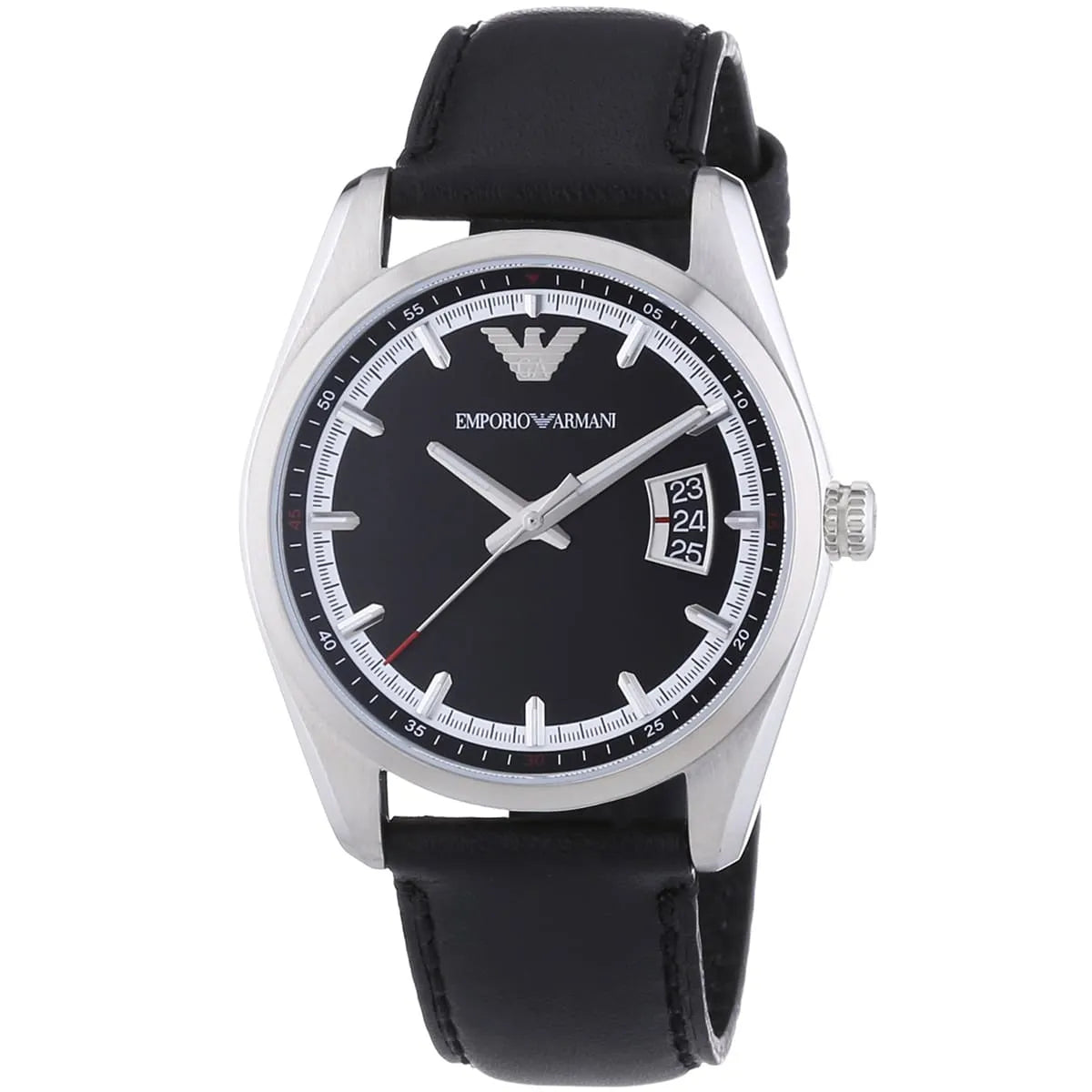 Emporio Armani Tazio AR6014 three-quarter view showing silver case and black leather strap