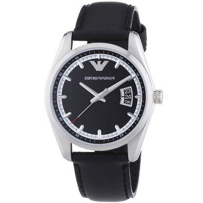 Emporio Armani Tazio AR6014 three-quarter view showing silver case and black leather strap