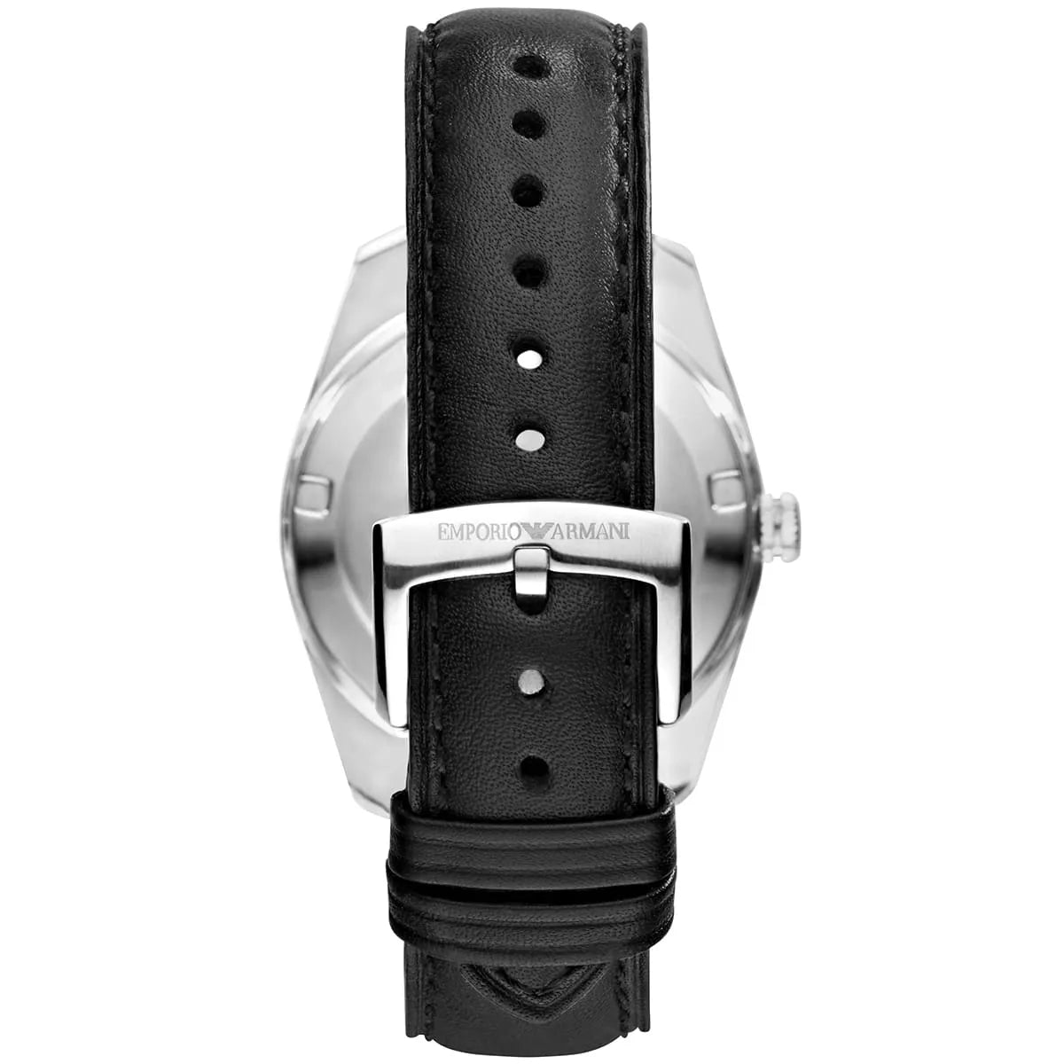 Emporio Armani Tazio AR6014 caseback view showing silver case back and black leather strap