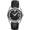 Emporio Armani Tazio AR6014 men's watch with silver case, black dial, and black leather strap