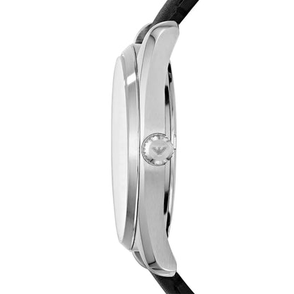 Emporio Armani Tazio AR6014 side profile showing case thickness and black leather strap