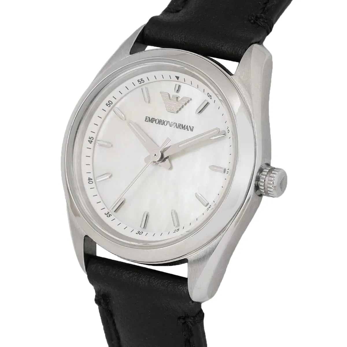 Angled view of Emporio Armani Tazio AR6026 with white dial and index markers on black strap
