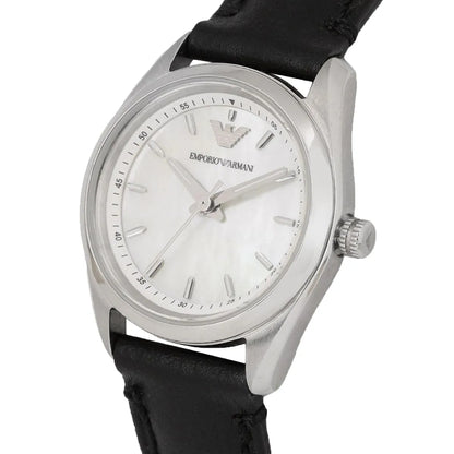 Angled view of Emporio Armani Tazio AR6026 with white dial and index markers on black strap