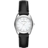 Emporio Armani Tazio AR6026 silver women's watch with white dial and black leather strap