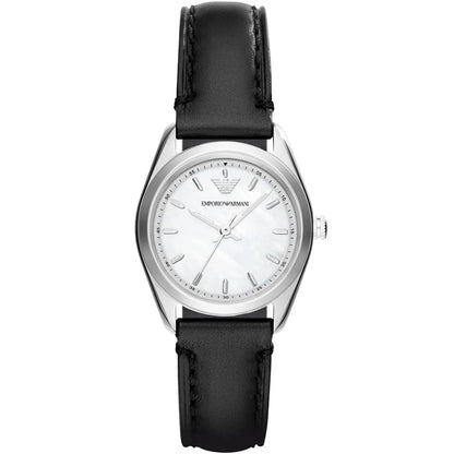 Emporio Armani Tazio AR6026 silver women's watch with white dial and black leather strap