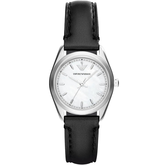 Emporio Armani Tazio AR6026 silver women's watch with white dial and black leather strap
