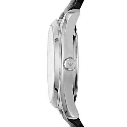 Side view of Emporio Armani Tazio AR6026 showing silver case profile and black strap