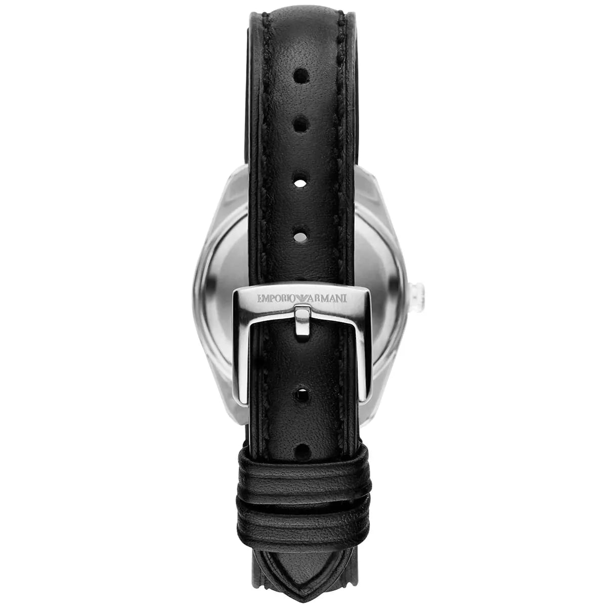 Close-up of black leather strap with metal buckle on Emporio Armani Tazio AR6026
