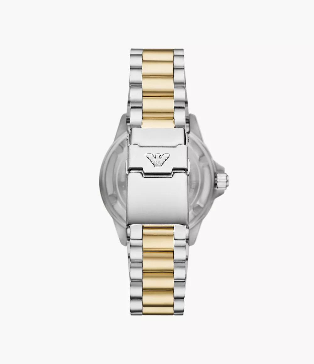 Caseback view of Emporio Armani AR60089 with Armani eagle logo and two-tone bracelet