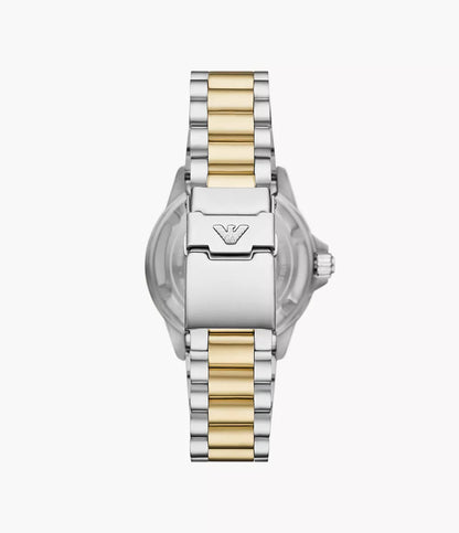 Caseback view of Emporio Armani AR60089 with Armani eagle logo and two-tone bracelet