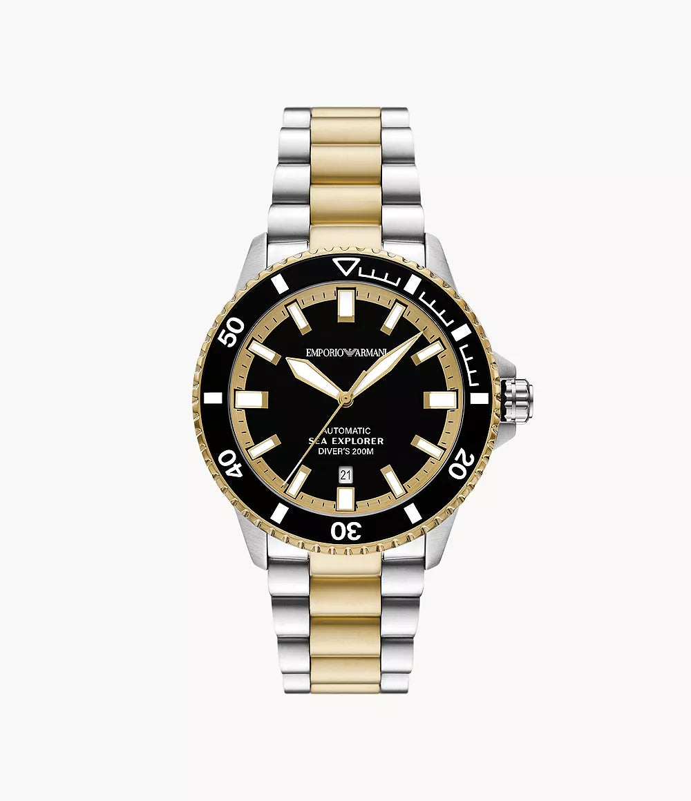 Emporio Armani AR60089 two-tone men's watch with black dial and mixed metal bracelet