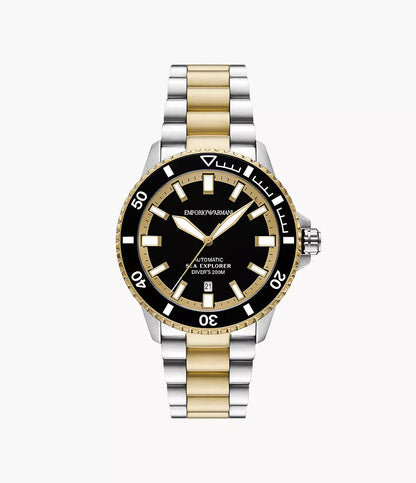 Emporio Armani AR60089 two-tone men's watch with black dial and mixed metal bracelet