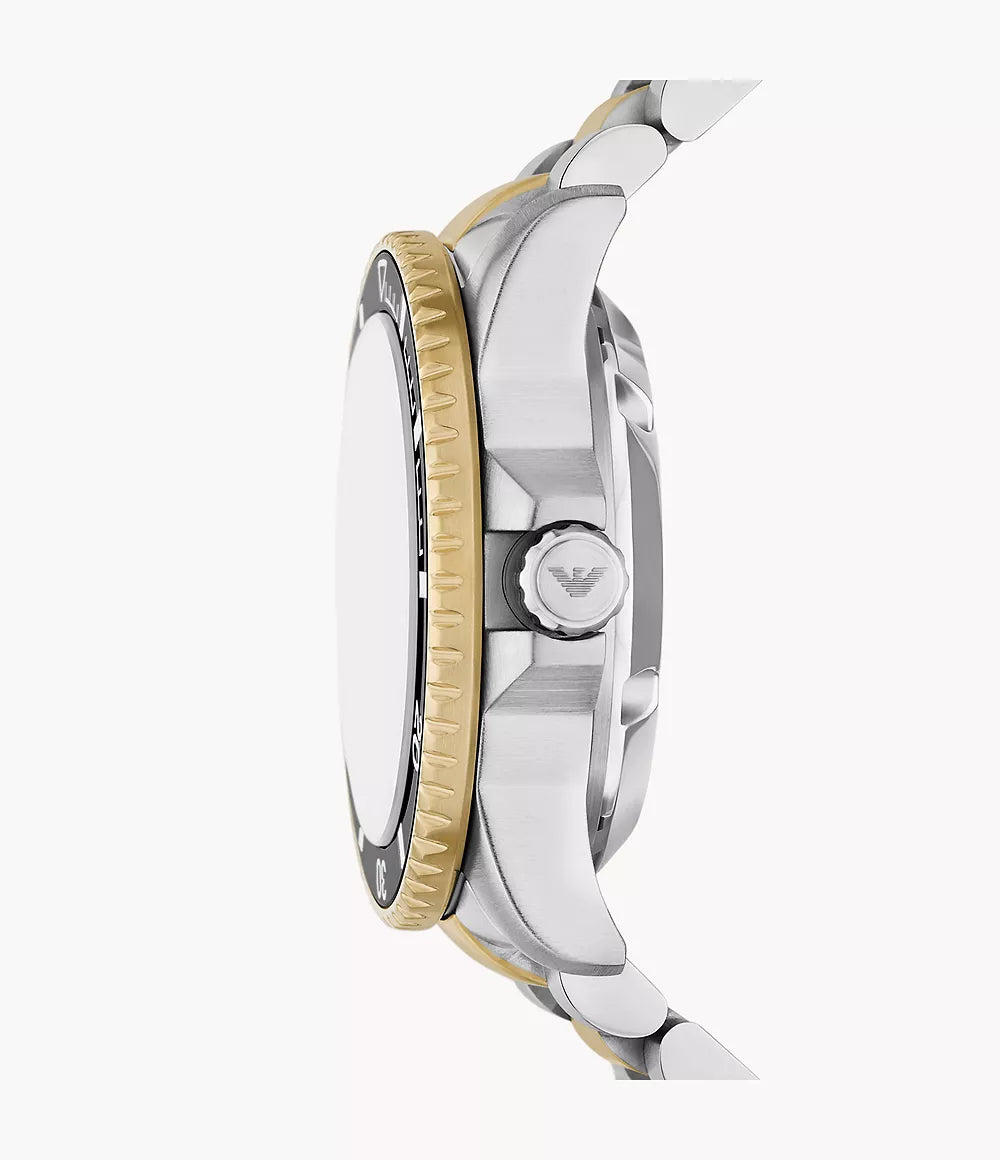 Side view of AR60089 showing case profile and two-tone stainless steel and gold bracelet