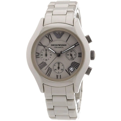 Angled view of Emporio Armani Valente chronograph watch showing dial and ceramic case