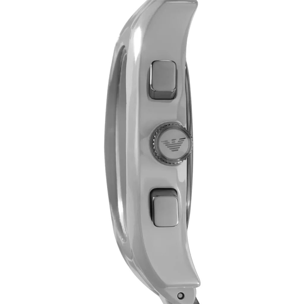 Caseback view of Emporio Armani Valente watch showing ceramic case profile and crown
