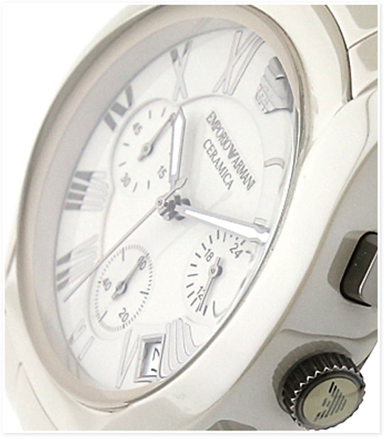 Close-up of Emporio Armani Valente dial with Roman numerals, chronograph subdials, and date window