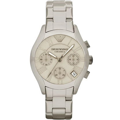 Emporio Armani Valente white ceramic chronograph watch with Roman numeral dial and steel bracelet