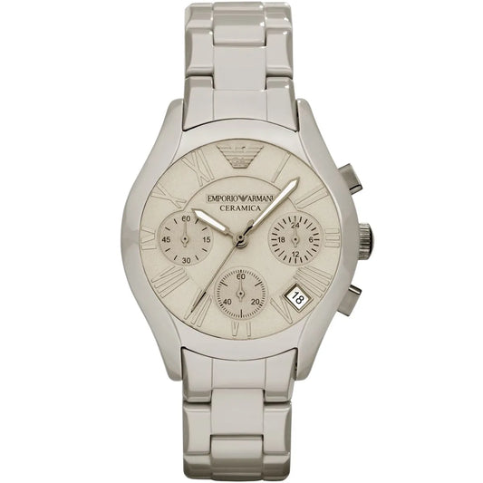 Emporio Armani Valente white ceramic chronograph watch with Roman numeral dial and steel bracelet