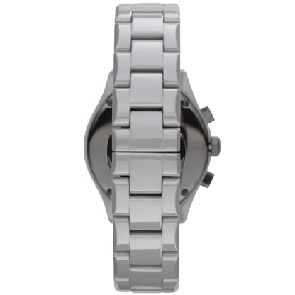 Side view of Emporio Armani Valente watch with white ceramic case and metal bracelet
