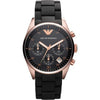 Emporio Armani Tazio chronograph with rose gold case, black dial, three subdials, and black rubber strap