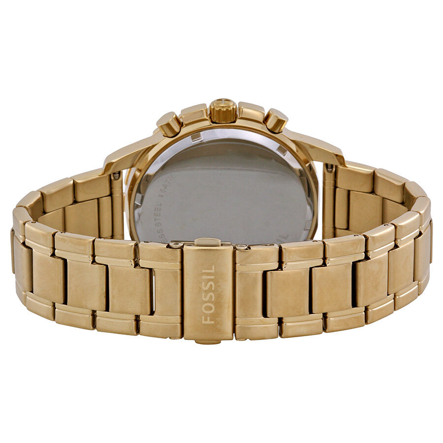 Caseback view of Fossil Dean watch showing gold-tone metal bracelet and secured caseback