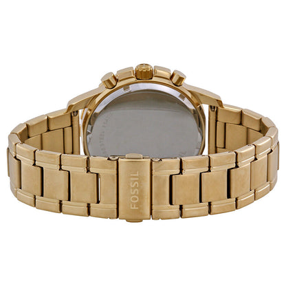Caseback view of Fossil Dean watch showing gold-tone metal bracelet and secured caseback