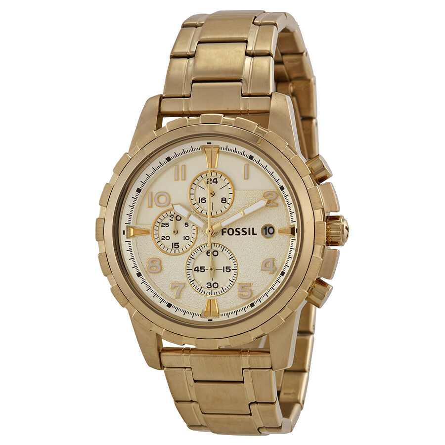 Fossil Dean chronograph watch with champagne dial, gold-tone case and bracelet, three subdials