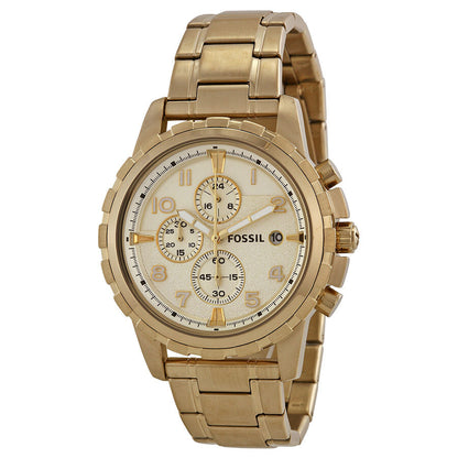Fossil Dean chronograph watch with champagne dial, gold-tone case and bracelet, three subdials