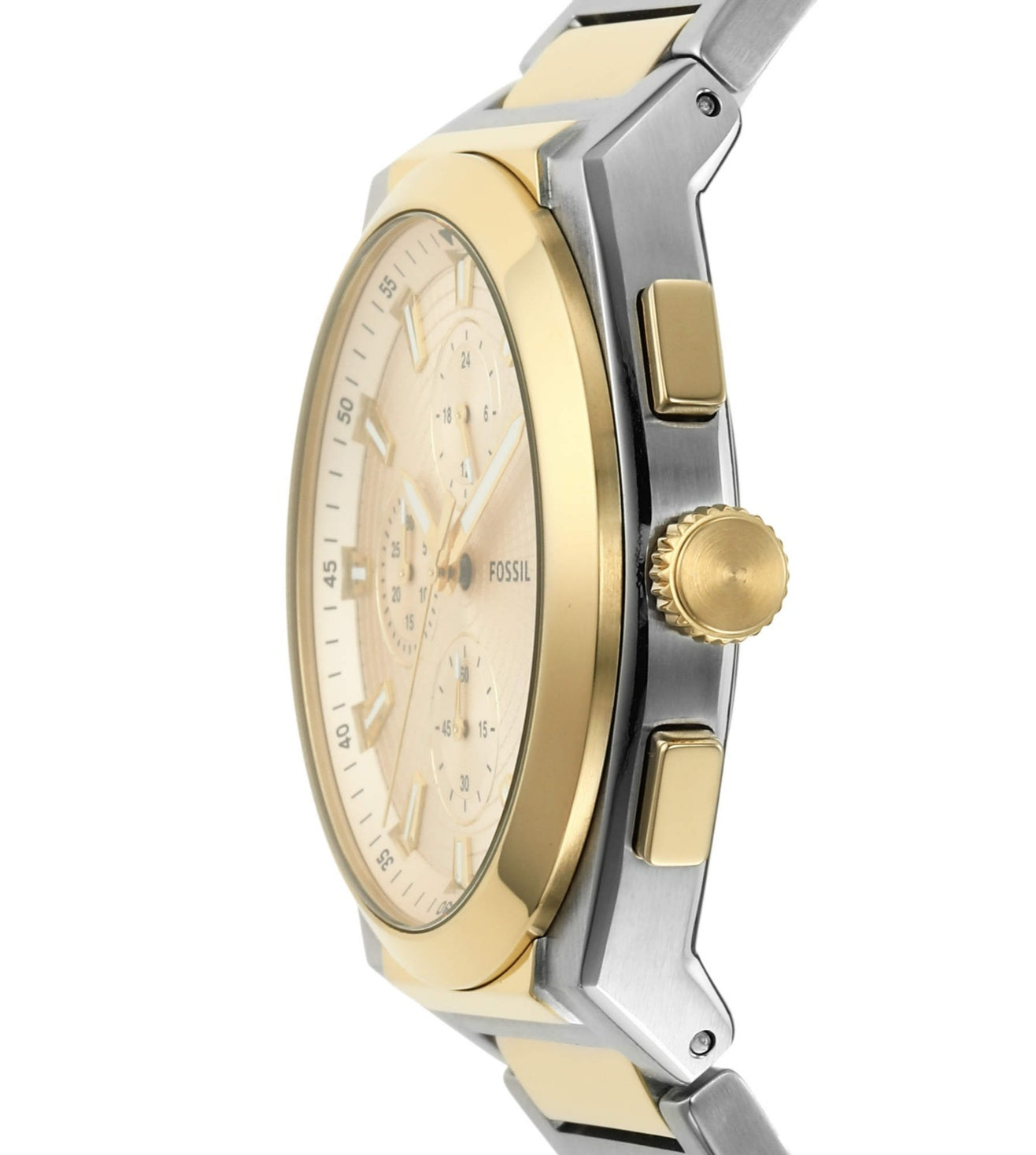 Fossil Everett chronograph side view showing two-tone case, cream dial and chronograph subdials