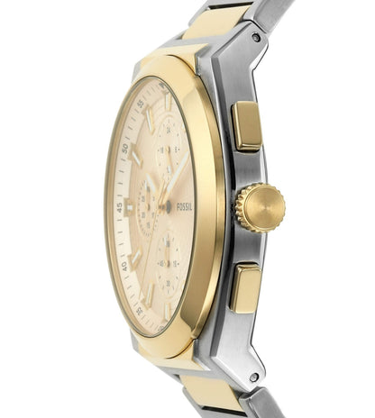 Fossil Everett chronograph side view showing two-tone case, cream dial and chronograph subdials