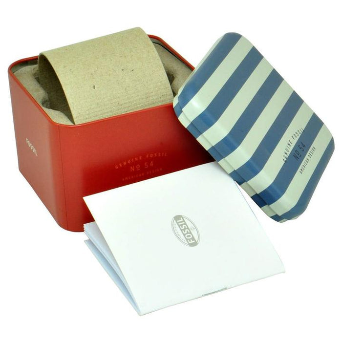 Fossil Everett FS5796 packaging with red box, documentation and striped case sleeve