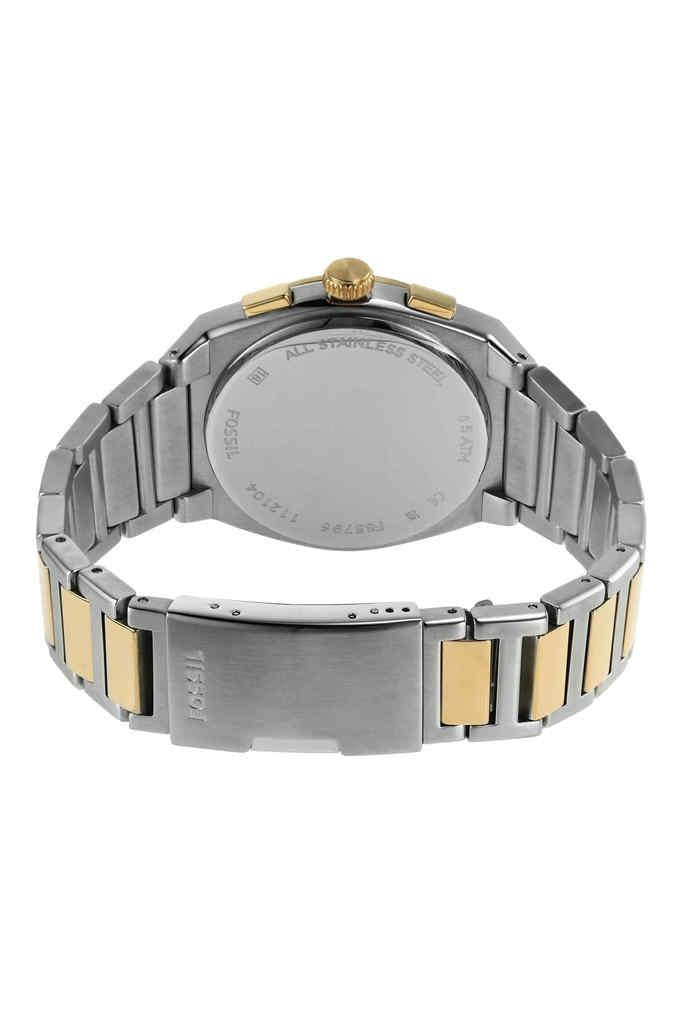 Fossil Everett caseback showing two-tone stainless steel bracelet and case back