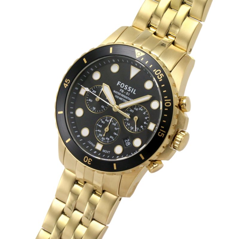 Fossil FB-01 chronograph watch at angle showing black bezel and gold-tone strap