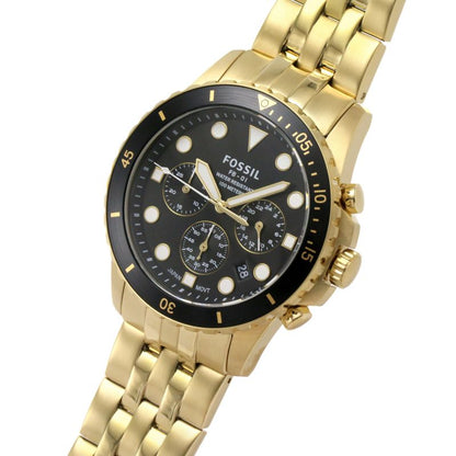 Fossil FB-01 chronograph watch at angle showing black bezel and gold-tone strap