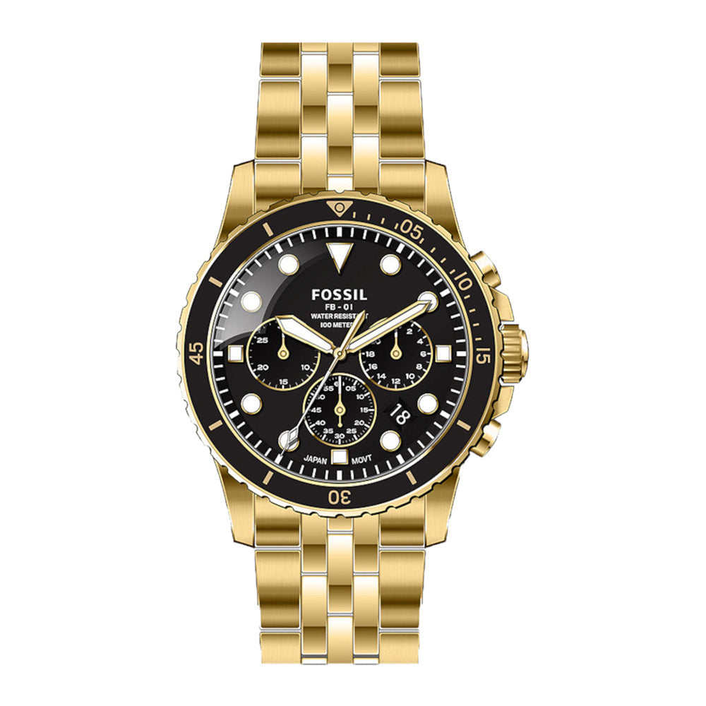 Fossil FB-01 chronograph watch with black dial, three subdials, and gold-tone bracelet