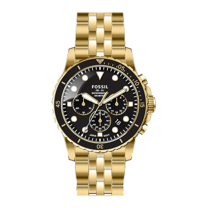Fossil FB-01 chronograph watch with black dial, three subdials, and gold-tone bracelet