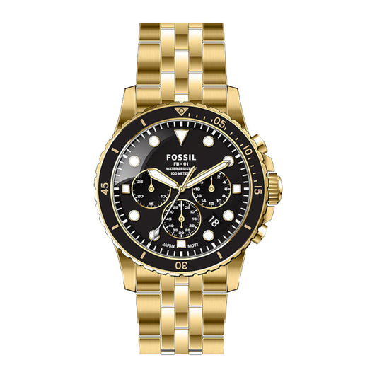 Fossil FB-01 chronograph watch with black dial, three subdials, and gold-tone bracelet