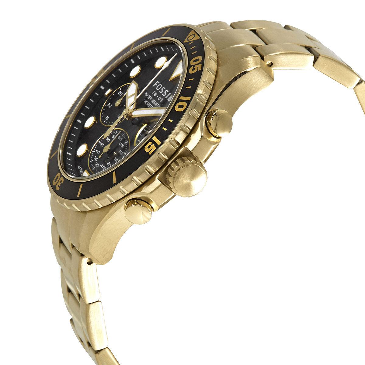 Side angle view of Fossil FB-03 gold-tone chronograph watch with black bezel