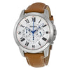 Fossil Grant chronograph watch with white dial, Roman numerals, and tan leather strap