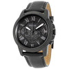 Fossil Grant chronograph watch with black dial, Roman numerals, and black leather strap