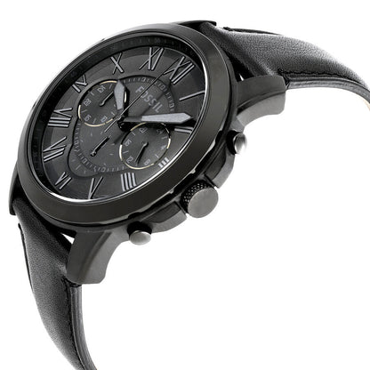 Side view of Fossil Grant chronograph watch showing profile and black leather strap