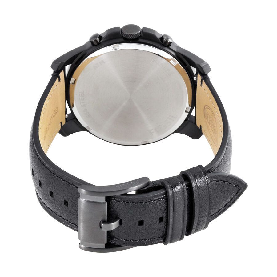 Fossil Grant watch caseback with stainless steel back and black leather strap