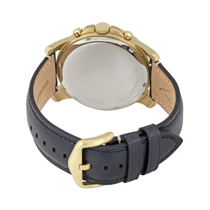 Caseback view of Grant chronograph showing stainless steel back and tan leather interior