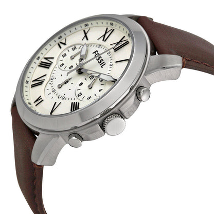 Fossil Grant chronograph watch at angle showing silver case, white dial, and chronograph subdials