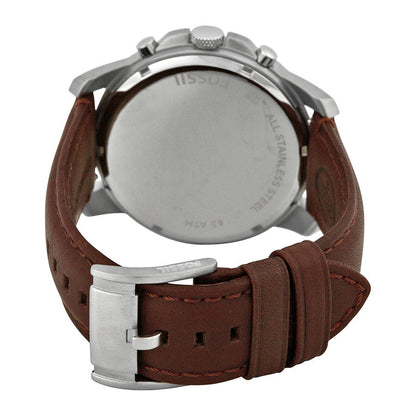 Fossil Grant watch caseback showing silver-tone steel back and brown leather strap with buckle