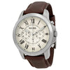 Fossil Grant chronograph men's watch with silver-tone case, cream dial, and brown leather strap