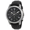 Fossil Grant black dial chronograph watch with Roman numeral markers and black leather strap